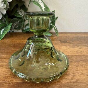 Vintage Green Glass Candle Holder‎ Moon & Stars Pattern Indiana Style Thumb